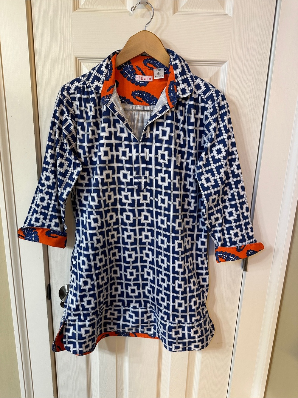 Tizzie Tunic Shirt Blue Orange Medallion Paisley Print Contrasting Cuffs Medium